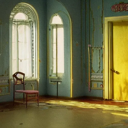 Image similar to a beautiful shiny girl in an soviet golden liminal abandoned room, film still by wes anderson, depicted by balthus, limited color palette, very intricate, art nouveau, highly detailed, lights by hopper, soft pastel colors