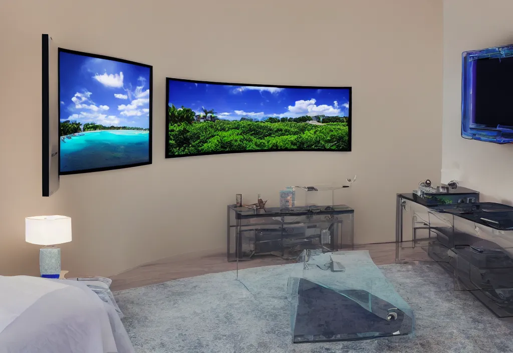 Image similar to curved transparent tv with florida weathermap, volumetric lighting, bedroom, visor, users, pair of keycards on table, bokeh, creterion collection, shot on 7 0 mm, instax