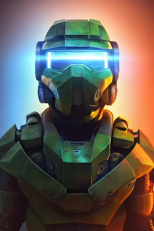 Image similar to robot ninja mask helmet halo master chief radiating a glowing aura global illumination ray tracing hdr fanart arstation by ian pesty and katarzyna da „ bek - chmiel