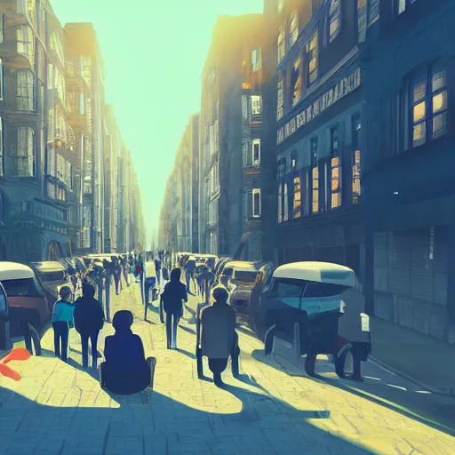 Image similar to people sitting in rows of desks in the middle of a city street, first person view from back row, dream - like atmosphere, high quality digital art