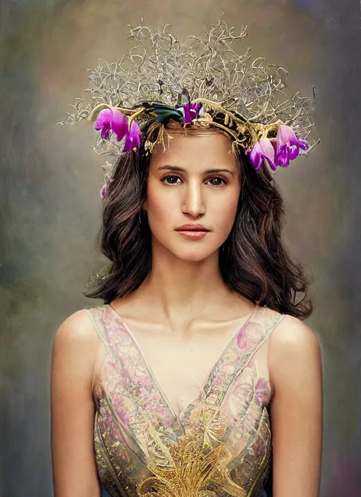 Image similar to an oil on canvas portrait! of Adria Arjona as an ethereal beauty with wavy hair covered by an orchid floral crown. The royal dress is made of intricate gold and silver threads with jewellery, composing complex geometrical patterns, zenithal lighting, shot on 70 mm, by Alina Ivanchenko and Hirothropologie and Patrick DeMarchelier .