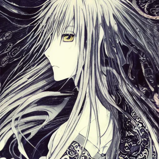 Image similar to yoshitaka amano blurred and dreamy illustration of an anime girl with black eyes, wavy white hair fluttering in the wind wearing elden ring armor with engraving, abstract black and white patterns on the background, noisy film grain effect, highly detailed, renaissance oil painting, weird portrait angle, blurred lost edges, three quarter view, hyper light drifter color palette