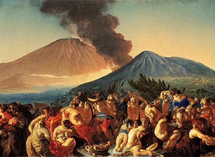 Prompt: detailed painting of average greeks drink wine and have fun against the backdrop of mount vesuvius starting to erupt by brullov, based on the brulliv painting the last day of pompeii