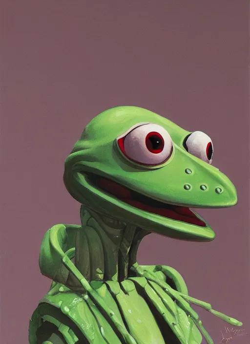 Image similar to portrait of Kermit the frog robot, detailed, coherent, painted by Edward Hopper, Wayne Barlowe, James Gilleard, airbrush, art by James Jean