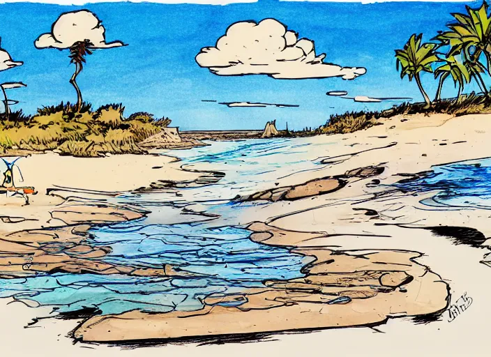 Prompt: illustration of a beach landscape, (inktober), line art, ((water color)), by Bill Waterson, By Jake Parker, by Brian Kesinger