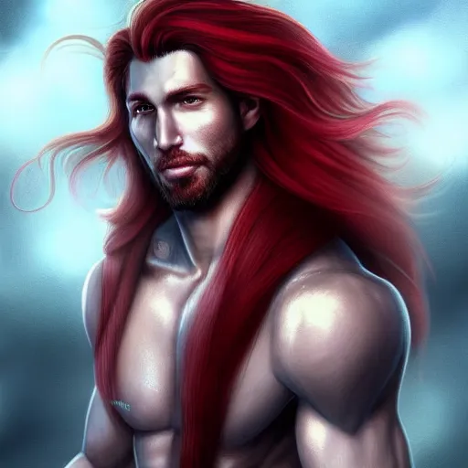 Prompt: portrait of a handsome male ship captain with long red hair!!!!!!, 30 years old, bashful, upper body, ethereal, muscular, friendly, playful, D&D, hairworks, Unreal 4, fantasy, elegant, highly detailed, digital painting, hairworks, deviantart, artstation, concept art, sharp focus, dramatic lighting, illustration, art by Artgerm and Greg Rutkowski and Alphonse Mucha