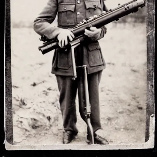 Prompt: old wartime photograph of mr bean holding a lewis gun, 1 9 1 7