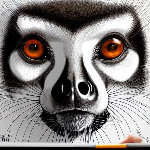 Image similar to Geometric lemur portrait, sun in the background, intricate, elegant, highly detailed, digital painting, artstation, concept art, smooth, sharp focus, illustration, art by artgerm