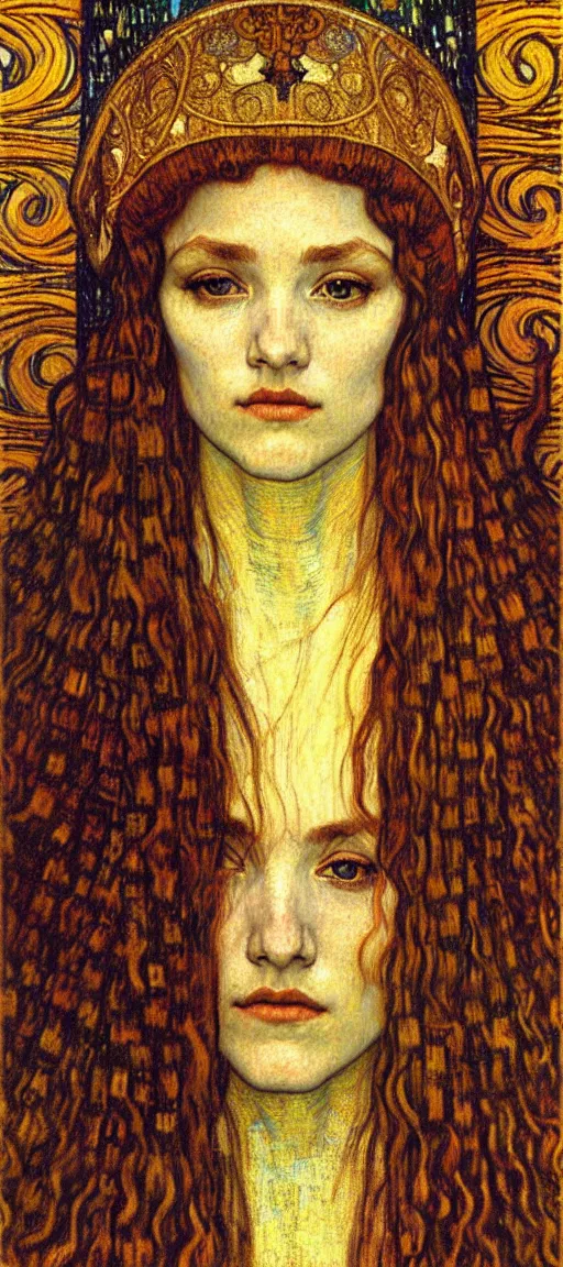 Image similar to detailed realistic beautiful young medieval queen face portrait by jean delville, gustav klimt and vincent van gogh, art nouveau, symbolist, visionary, gothic, pre - raphaelite, muted earthy colors, desaturated