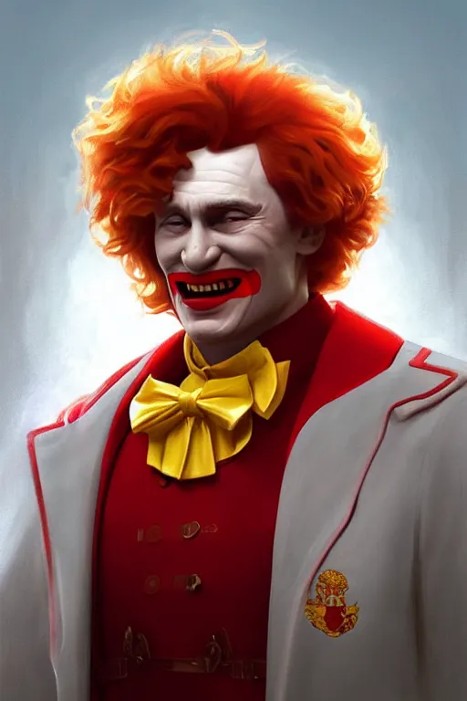 Image similar to vladimir putin as ronald mcdonald, 2 d portrait, symmetrical, highly detailed, digital painting, artstation, concept art, smooth, sharp focus, illustration, cinematic lighting, art by artgerm and greg rutkowski and alphonse mucha