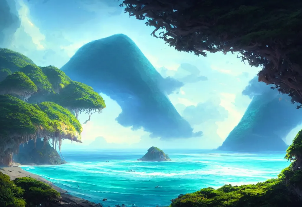 Prompt: island surrounded by ocean with a large hill covered in jungle, epic blue sky, vast ocean, cinematic view, concept art, high detail, well lit, volumetric, godrays, vivid, trending on artstation, by jordan grimmer, art greg rutkowski