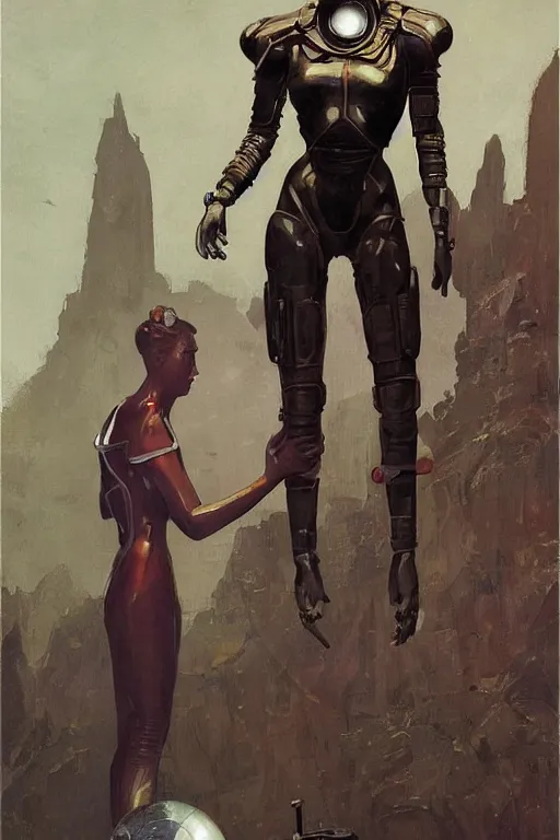 Image similar to pulp scifi fantasy illustration full body portrait of elegant woman wearing latex spacesuit standing beside martian warrior, by norman rockwell, jack kirby, bergey, craig mullins, ruan jia, jeremy mann, tom lovell, 5 0 s, astounding stories, fantasy