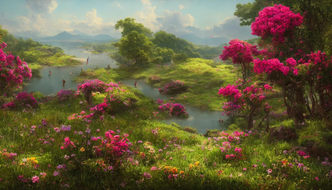 Prompt: An epic fantastic realism comic book style painting of the most beautiful flowers covering a landscape where lovers frolick, fisheye lens, painted by the Hudson River school, unreal 5, DAZ, hyperrealistic, octane render, dynamic lighting