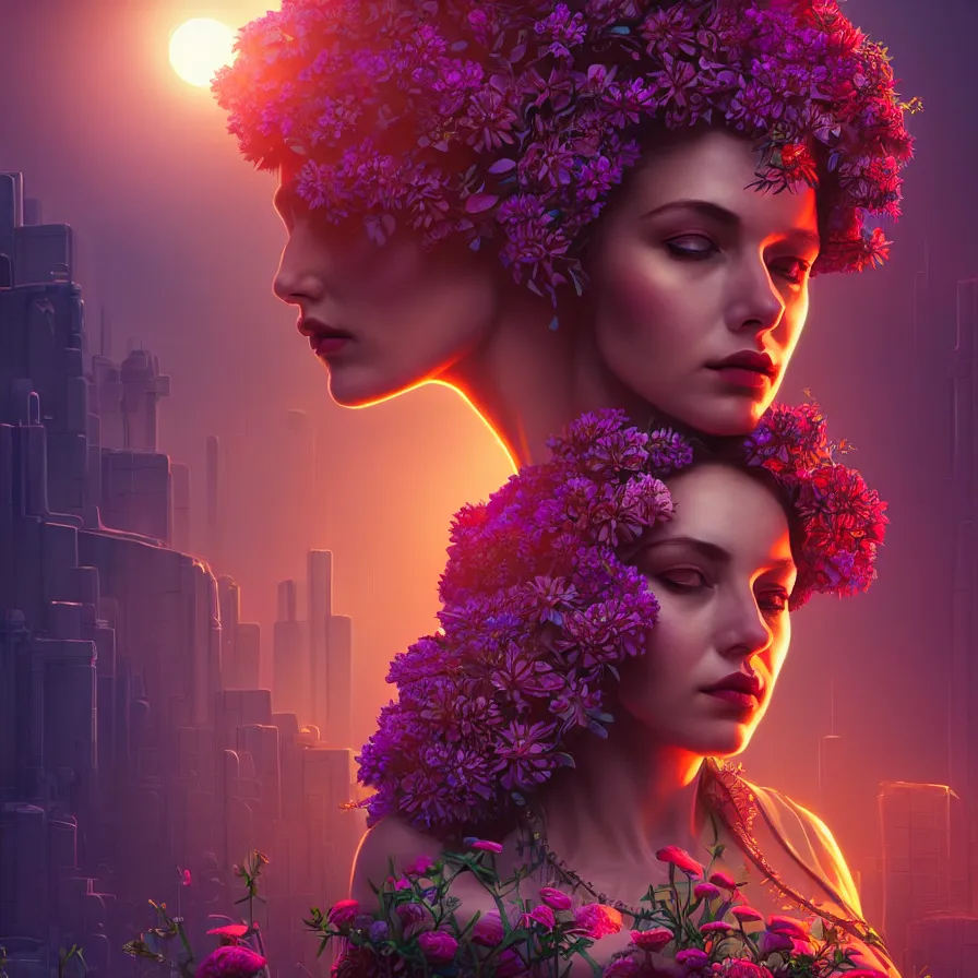 Image similar to Beautiful 3d render portrait of the queen of flowers in a sensual pose, in the style of Dan Mumford, with tall and crowded futuristic cyberpunk voxel buildings in the background, cinematic, dramatic lighting, symmetry