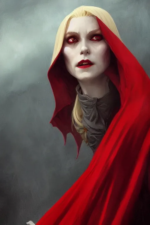 Prompt: nosferatu princess, wearing a red cloak, blonde hair, highly detailed, digital painting, artstation, concept art, smooth, sharp focus, illustration, art by artgerm and greg rutkowski and alphonse mucha and andrei riabovitchev