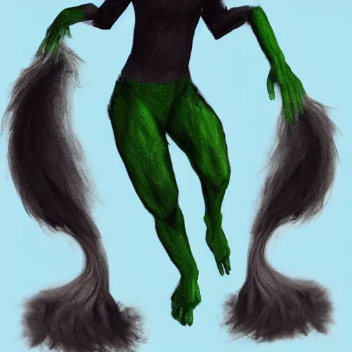 Prompt: a human with green skin and two hairless tails for hair, concept art