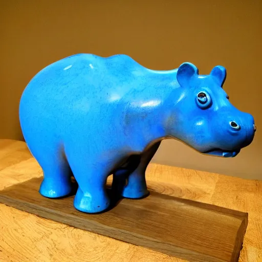 Image similar to expertly crafted etsy kids natural wood hippopotamus expertly fused with blue epoxy. the back of the wood shining hippo is made of blue epoxy. with a white photographers background.