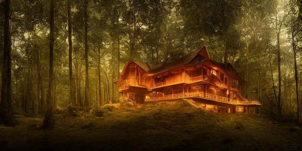 Prompt: an exquisite wooden house in a lush forest, architectural photography, dark and dim lighting, beautiful, tranquil, moody, cinematic, fantasy, 3 5 mm lens, volumetric lighting, first person view, photographic render, hyper realistic