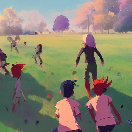 Prompt: training battle, group of children, training fields, summer camp, highly detailed, artstation, digital painting, vibrant colors, by makoto shinkai and thomas kindle and james gilleard