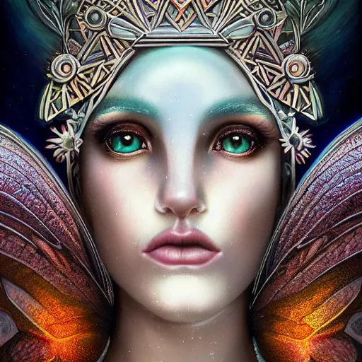 Image similar to beautiful closeup portrait of an art deco faerie queen, glowing eyes. reflective detailed textures, moth wings, highly detailed dark fantasy science fiction painting by tom bagshaw and michael whelan and diego rivera and annie swynnerton and jean delville and moebius and evelyn de morgan and syd mead, elaborate geometric ornament, ancient runes, silver and cool colors. artstation