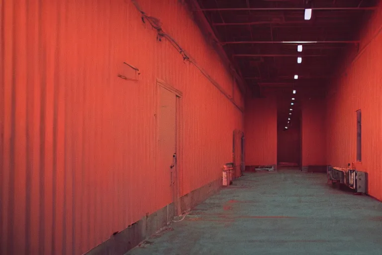 Image similar to film photography of industrial red room interior in golden hour, soft light, no focus