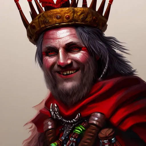 Image similar to DnD portrait of a shaman lord, wearing a red crown, red eyes, smiling viciously, holding intricately carved wooden staff, 4k, highly detailed, inspiring digital painting, trending on artstation