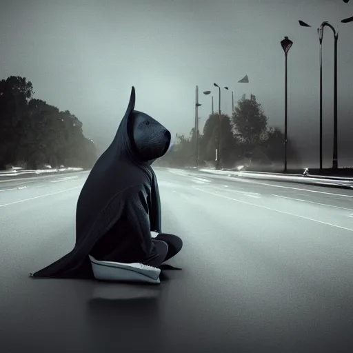 Image similar to anthropomorphic great white shark wearing a black hoodie and pants at night sitting alone underneath a single street light with a city of lights in the background, photorealistic, 8 k