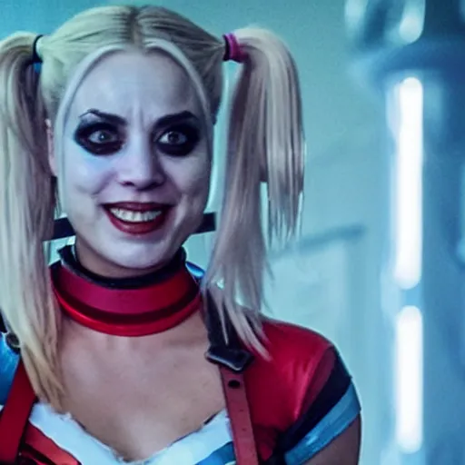 Prompt: A still of Kaley Cuoco as Harley Quinn in The Suicide Squad (2021)