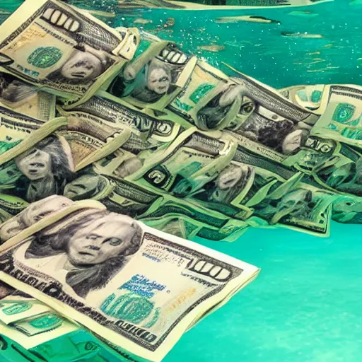 Prompt: 100 dollar bills sinking to the bottom of a pool, underwater photo aiming up