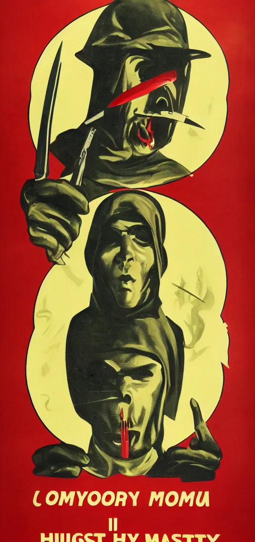 Image similar to mistery man in hood and red eyes with a knife, 1940s propaganda poster, full hd,highly detailed