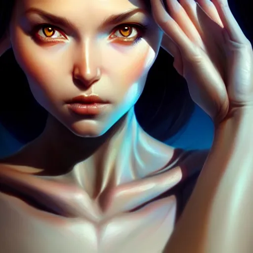 Prompt: beautiful full body goddess from above, creative, perfect skin, angelic, digital painting, beautiful eyes!, pretty face!!, symmetry, concept art, sharp focus, illustration, art by artgerm! greg rutkowski magali villeneuve wlop! ilya kuvshinov!!, octane render