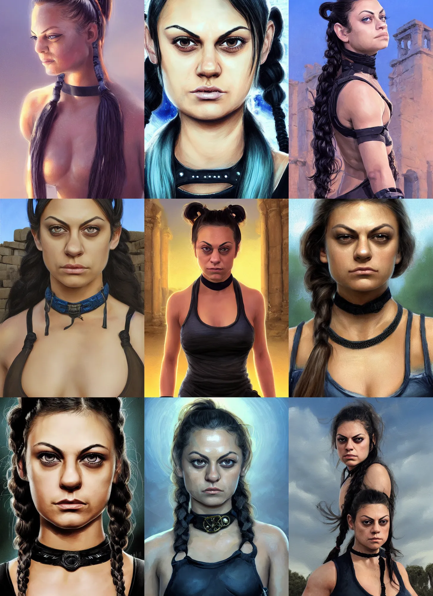 Image similar to portrait of young very muscled Mila Kunis with pigtails hair and bright blue squinting eyes looking directly into the camera, mouth slightly open, wearing intricate black choker, walking sweaty out epic ancient ruins, golden hour, elegant style, highly detailed, centered, sharp digital painting, artstation, concept art, smooth, sharp focus, illustration, Allan Lee, John Howe