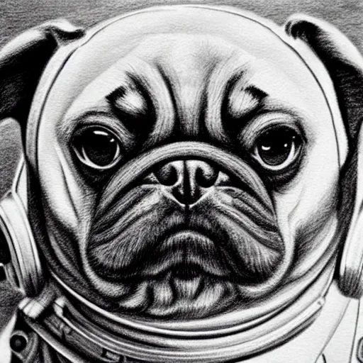 Image similar to pencil art, golden - ratio, spirals, highly detailed, astronaut pug in outer space painted by davinci.