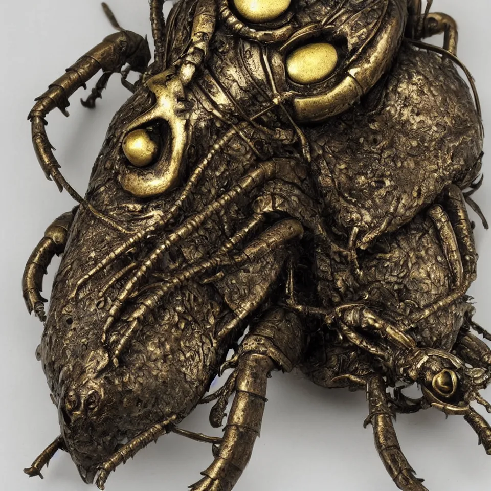 Image similar to a beetle amulet by hr giger, bronze on gold , patina,