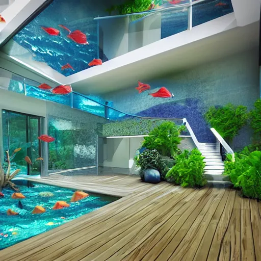 Prompt: a modern house with lots of fish tanks with tropical fish, digital art, trending on artstation, hdr, fantasy art