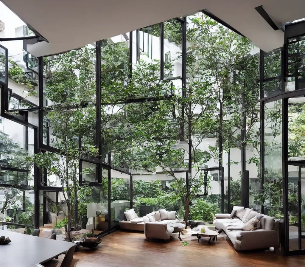 Image similar to a modern interior design, living room, residential design, floor - to - ceiling windows, and garden landscape outside the window ， by gracinha viterbo, trending ，