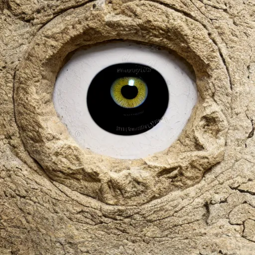 Image similar to medium - shot museum photo of sculpture of an ancient stone eye, almond shape, the white limestone sclera, the black stone pupil, greece, rome, studio lighting, professional, promo,