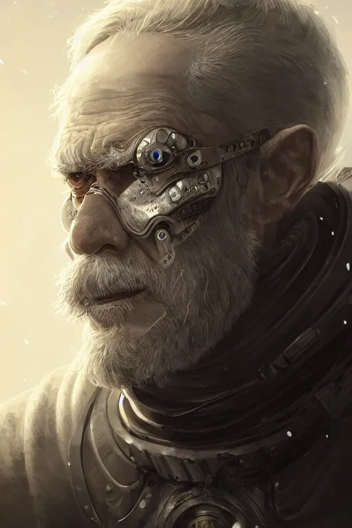 Image similar to ultrarealistic illustration old man cyborg, cyberpunk, sci - fi fantasy, intricate, elegant, highly detailed, digital painting, artstation, concept art - g