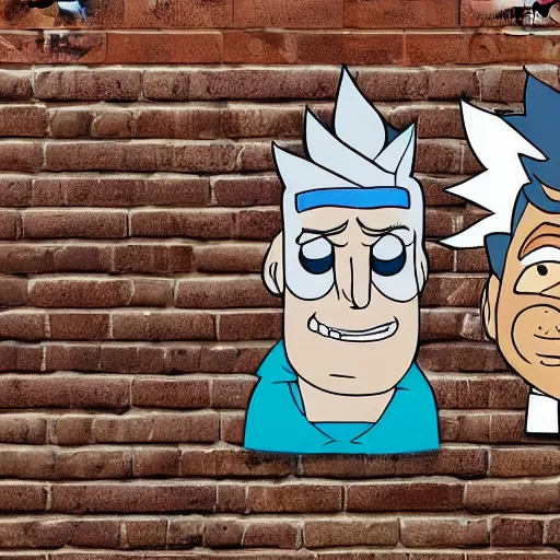 Image similar to a wall of bricks with rick Sanchez’s face and in between the bricks is mortar with Morty smith’s face