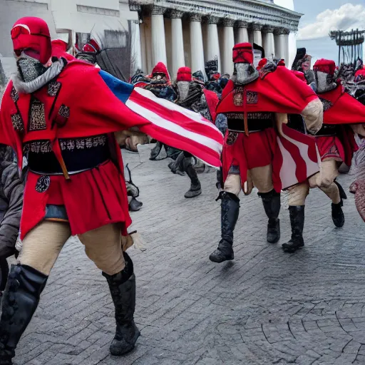 Prompt: roman soldiers and centurions invading the washington capitole, wearing maga hats ( january 2 0 2 1 )