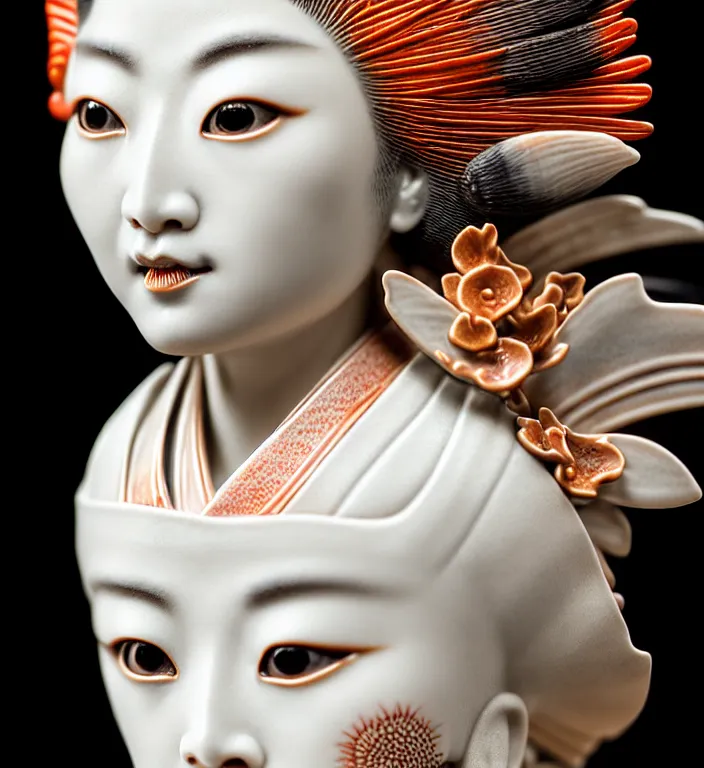 Image similar to Geisha, A Close up photo-real delicate ceramic porcelain sculpture of a symmetrical ornate detailed in front of an intricate background by Victo Ngai and takato yamamoto, micro detail, backlit lighting, face in focus, subsurface scattering, translucent, thin porcelain, octane renderer, colorful, physically based rendering, japanese pottery, trending on cgsociety