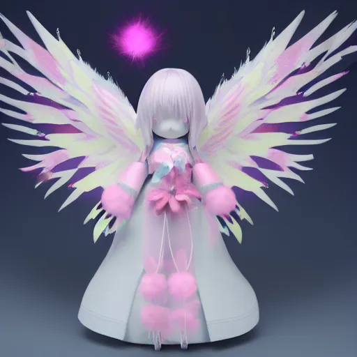 Image similar to cute fumo plush of a divine angel, gothic maiden, ribbons and flowers, ruffled wings, feathers raining, particle simulation, clouds, vray, outline glow lens flare, divine wrath