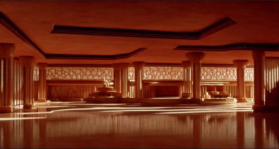 Image similar to An establishing shot from a 2021 fantasy film of the interior of an opulent palace designed by Frank Lloyd Wright. Incredibly beautiful.
