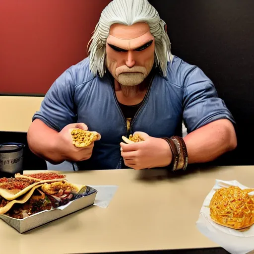 Prompt: fat Geralt von Riva eating at taco bell