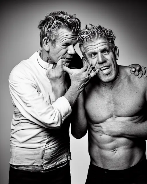 Prompt: 35mm macro photograph Beautiful Gordon Ramsay and Anthony Bourdain, flirting expression, wearing a camisole, vibrant high contrast, octane, arney freytag, Fashion photo shoot,, glamorous, tattoos,shot in the photo studio, backlit, rim lighting, 8k