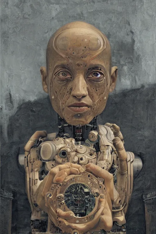 Image similar to robot monk painting a self - portrait on a canvas. intricate, highly detailed, photorealistic, film still, by vdragan bibin.