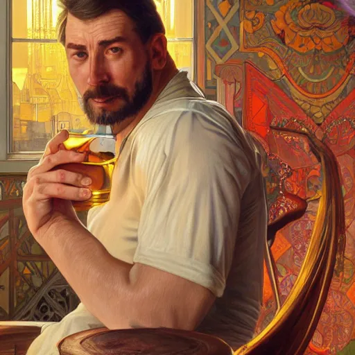 Image similar to portrait painting of john carmac drinking tequilla, ultra realistic, concept art, intricate details, serious, highly detailed, photorealistic, octane render, 8 k, unreal engine. art by artgerm and greg rutk owski and alphonse mucha
