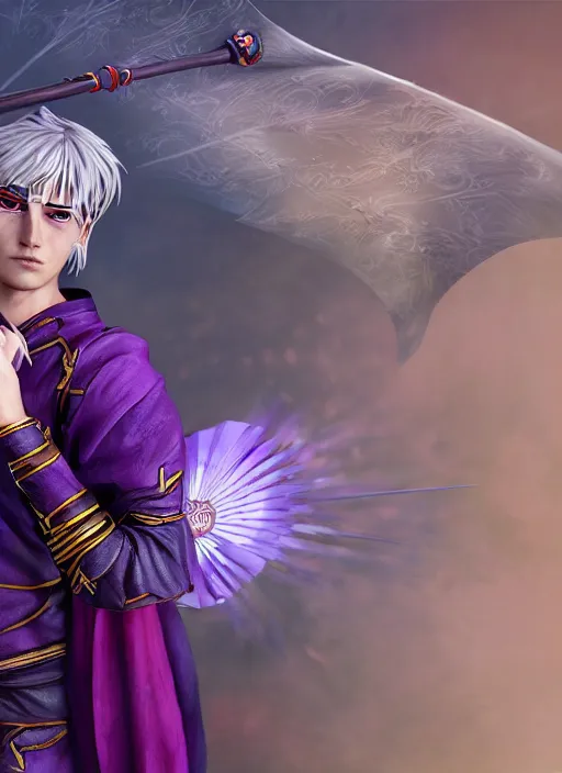 Image similar to An epic fantasy comic book style portrait painting of teenager boy with straight indigo hair, purple eyes with red eye markers, slim body, wearing a detailed Japanese kimono with golden armor pieces, holding a japanese fan. Unreal 5, DAZ, hyperrealistic, octane render, cosplay, RPG portrait, dynamic lighting