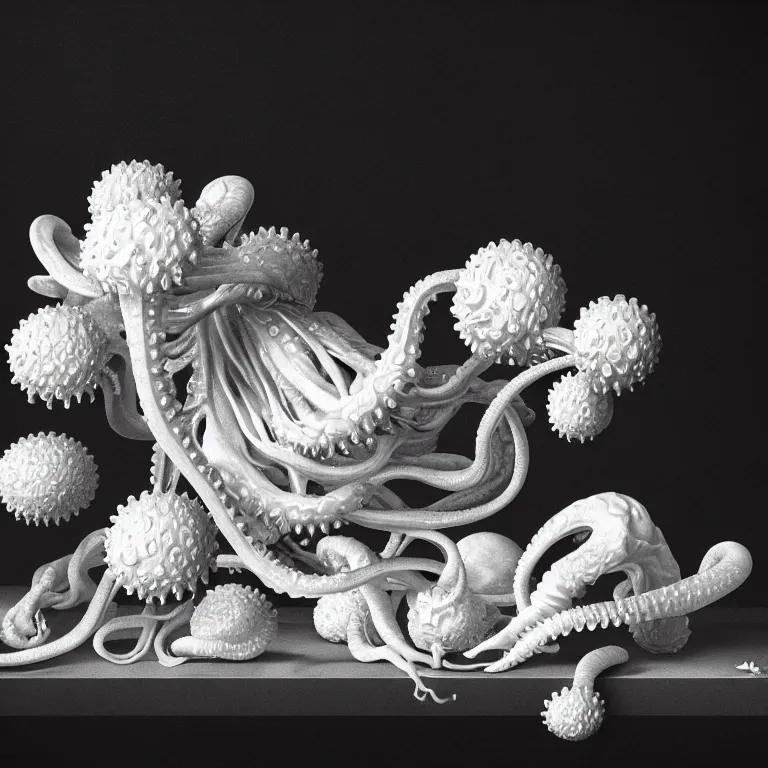 Prompt: still life of white flowers on a table, white alien squid, white octopus, , surreal alien ribbed white fruit, white human ribs human spine, baroque painting, beautiful detailed intricate insanely detailed octane render trending on Artstation, 8K artistic photography, photorealistic, chiaroscuro, Raphael, Caravaggio beautiful BW monochrome