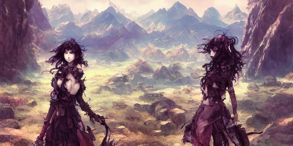 Prompt: goth woman in front of mountain landscape, color page, tankoban, 4 k, tone mapping, akihiko yoshida, james jean andrei riabovitchev marc simonetti, yoshitaka amano, long hair, curly, h. hydrochaeri